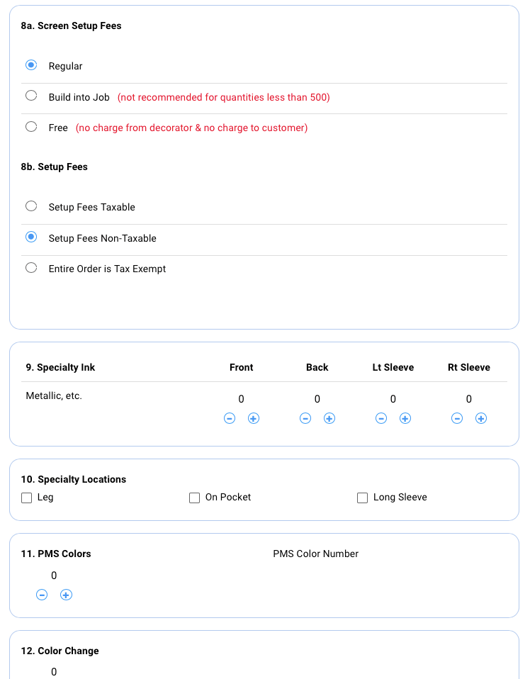 Setup fees, taxes and special inks
